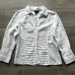 Tracy M 100% Linen White Pintuck Button Front Blouse Size L